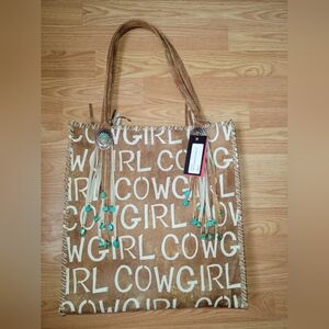 Kurtmen Cowgirl Print Tan Tote Bag with Turquoise